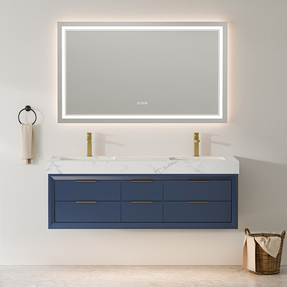 60 Inch Double Sink Solid Wood Floating Vanity with Ceramic Basin