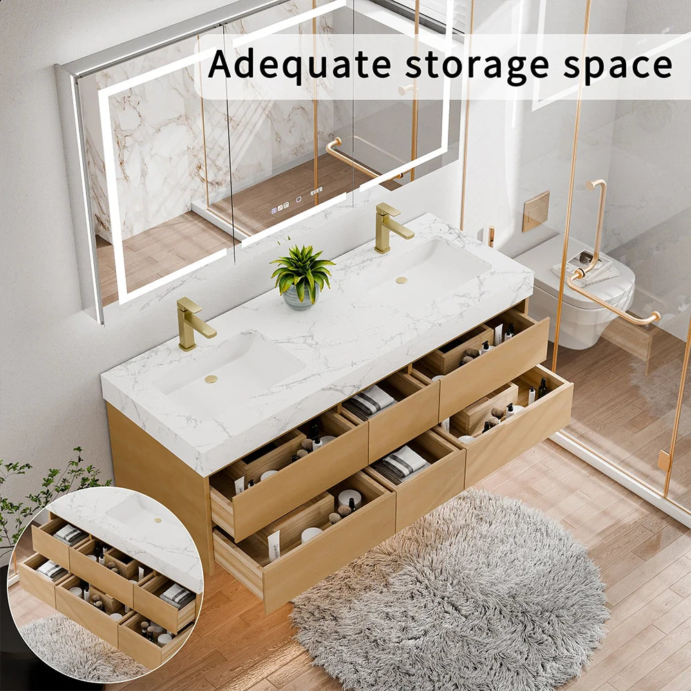 60-Inch Modern Wall Mounted Double Bathroom Vanity with Marble Countertop