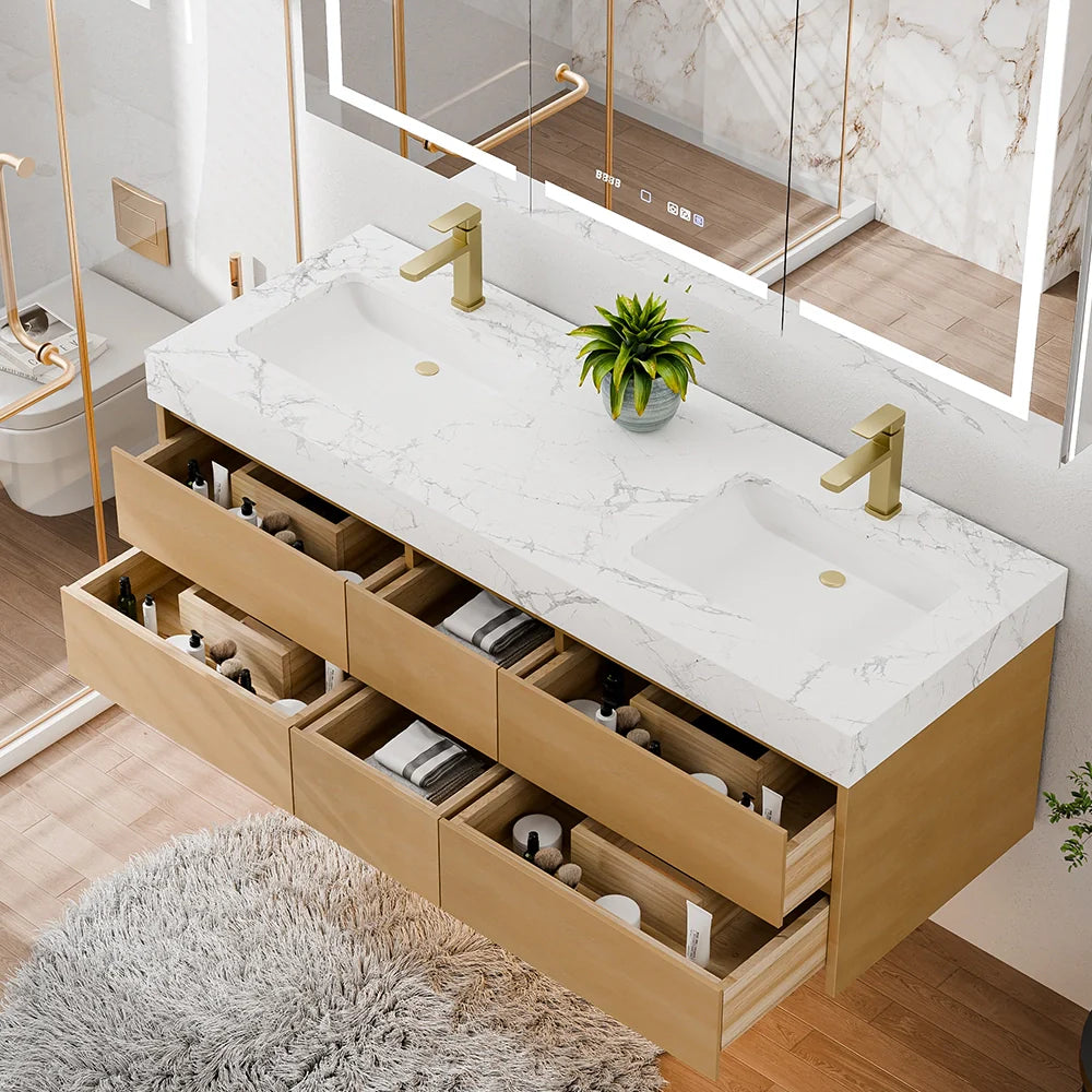 60-Inch Modern Wall Mounted Double Bathroom Vanity with Marble Countertop