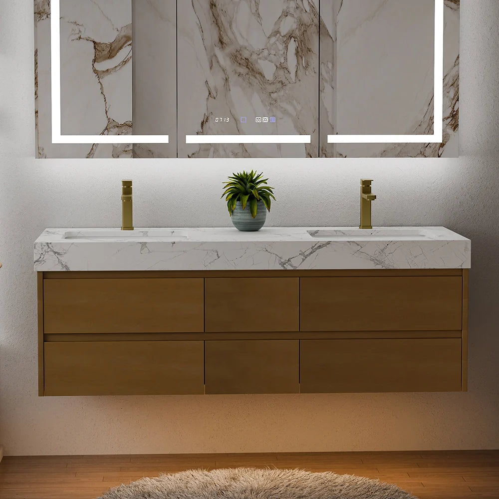 60-Inch Modern Wall Mounted Double Bathroom Vanity with Marble Countertop
