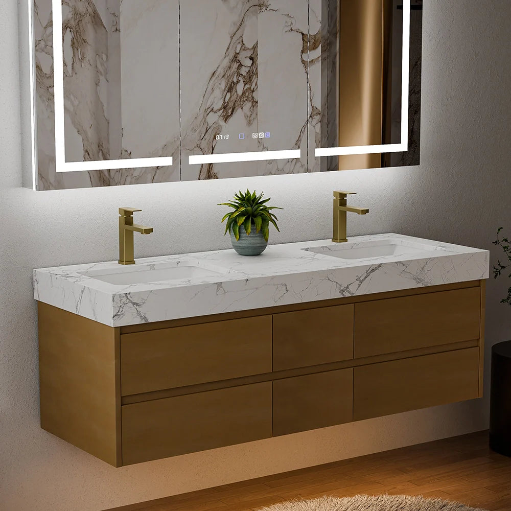 60-Inch Modern Wall Mounted Double Bathroom Vanity with Marble Countertop