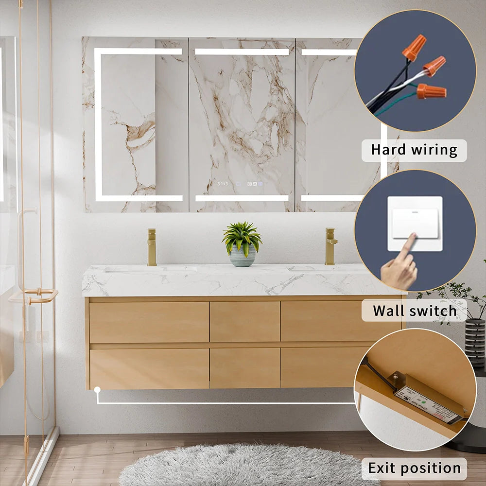60-Inch Modern Wall Mounted Double Bathroom Vanity with Marble Countertop