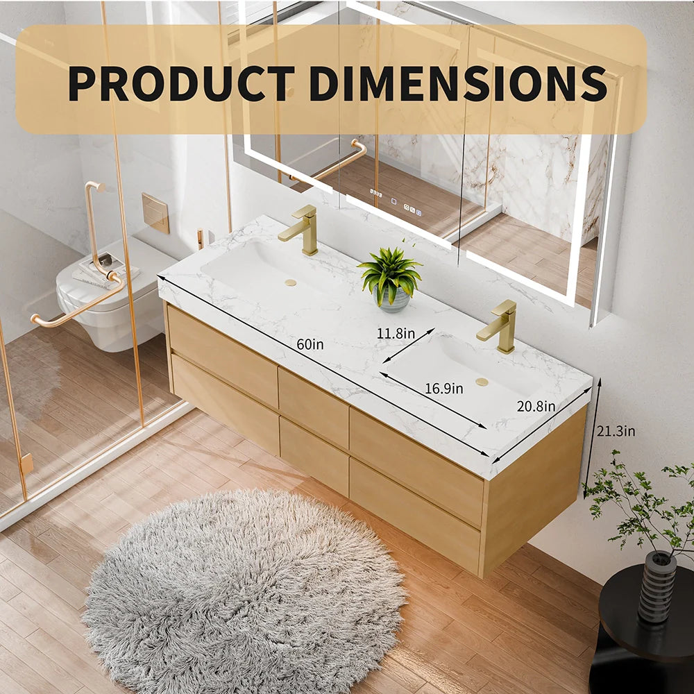60-Inch Modern Wall Mounted Double Bathroom Vanity with Marble Countertop