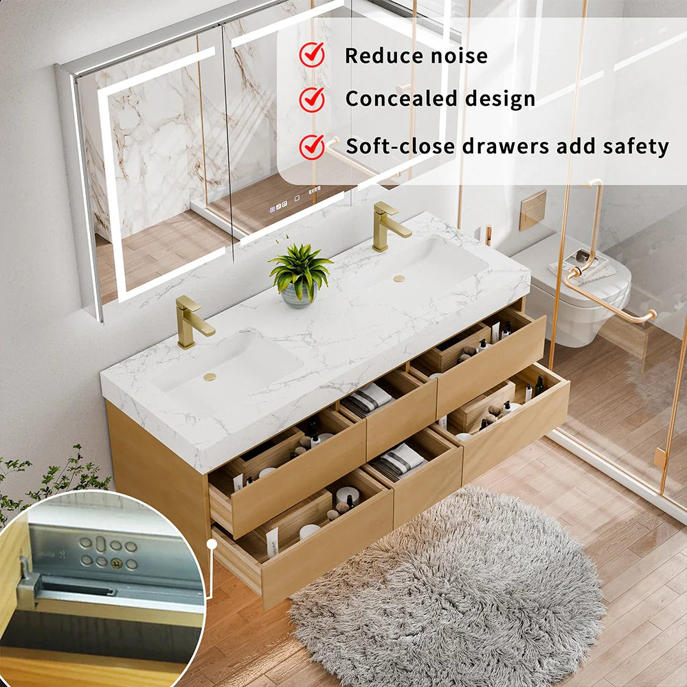 60-Inch Modern Wall Mounted Double Bathroom Vanity with Marble Countertop