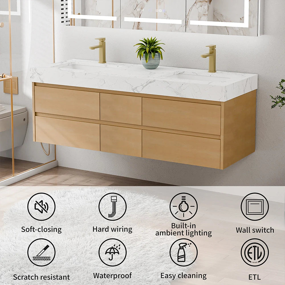 60-Inch Modern Wall Mounted Double Bathroom Vanity with Marble Countertop
