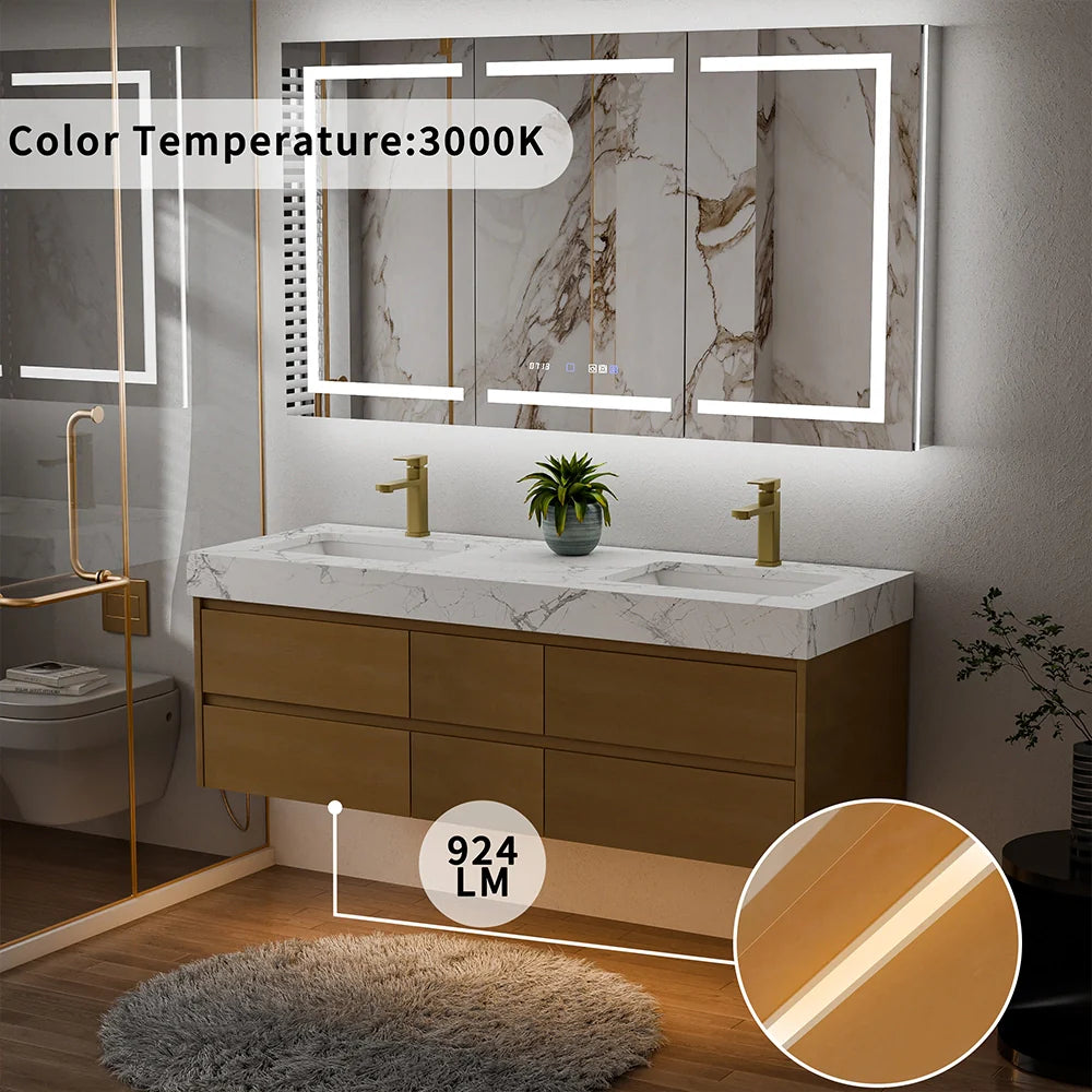 60-Inch Modern Wall Mounted Double Bathroom Vanity with Marble Countertop