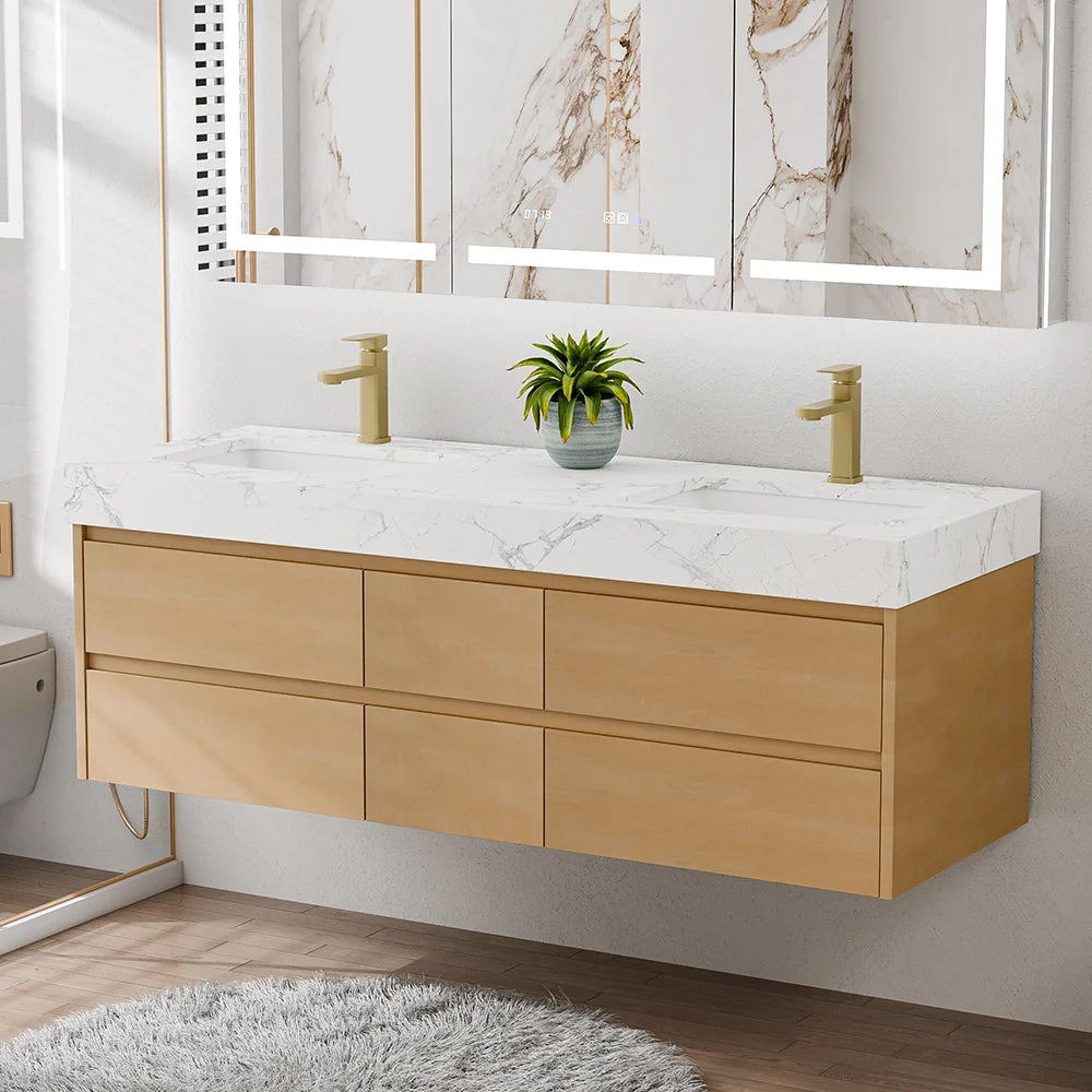 60-Inch Modern Wall Mounted Double Bathroom Vanity with Marble Countertop