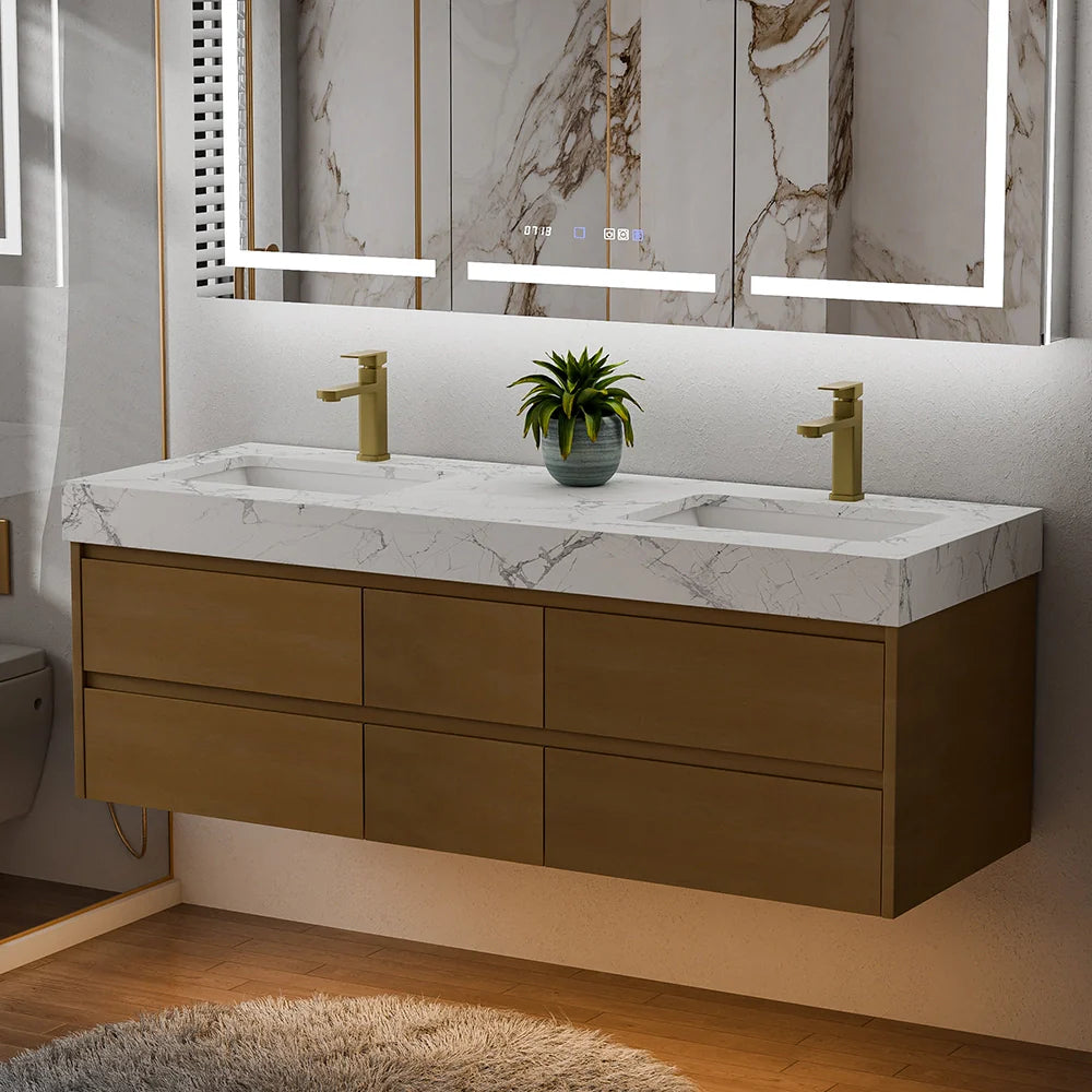 60-Inch Modern Wall Mounted Double Bathroom Vanity with Marble Countertop