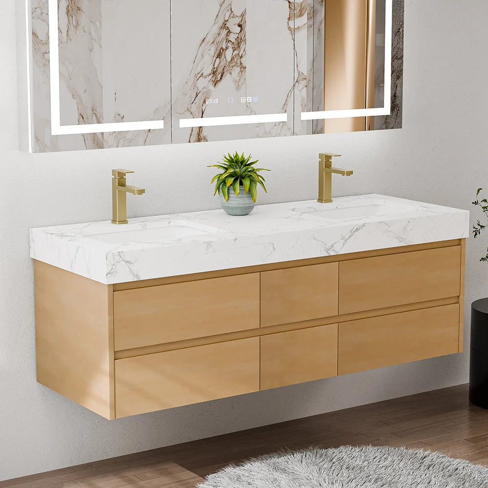 60-Inch Modern Wall Mounted Double Bathroom Vanity with Marble Countertop