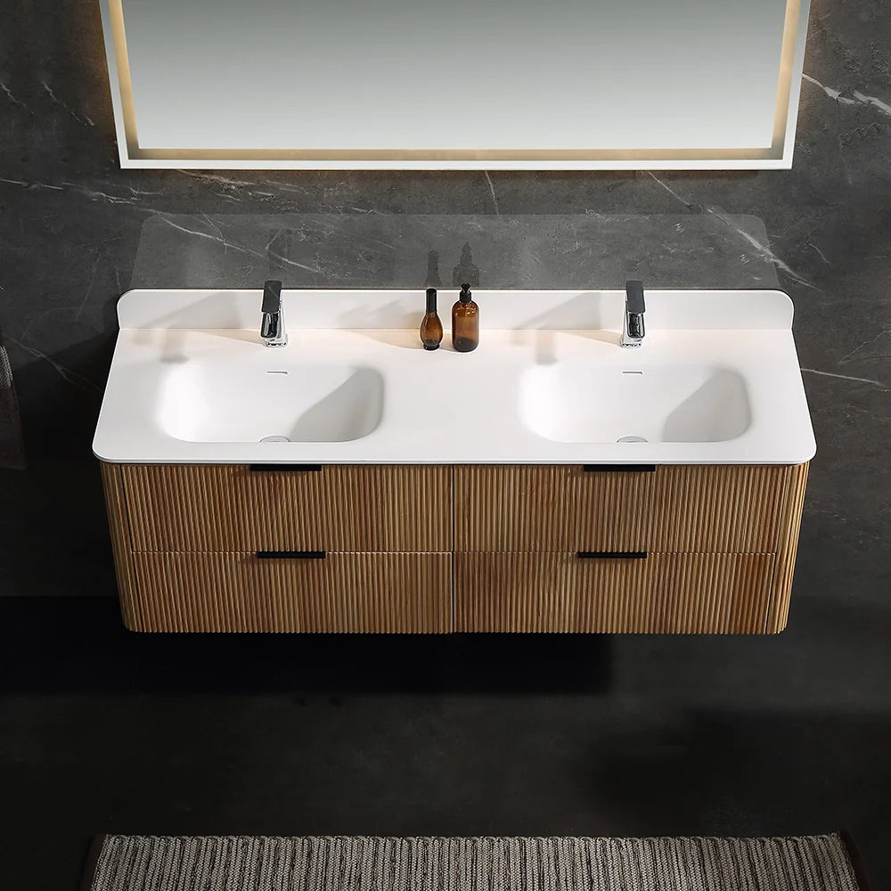 60 Inch Oak Bathroom Floating Vanity with Acrylic Double Sink