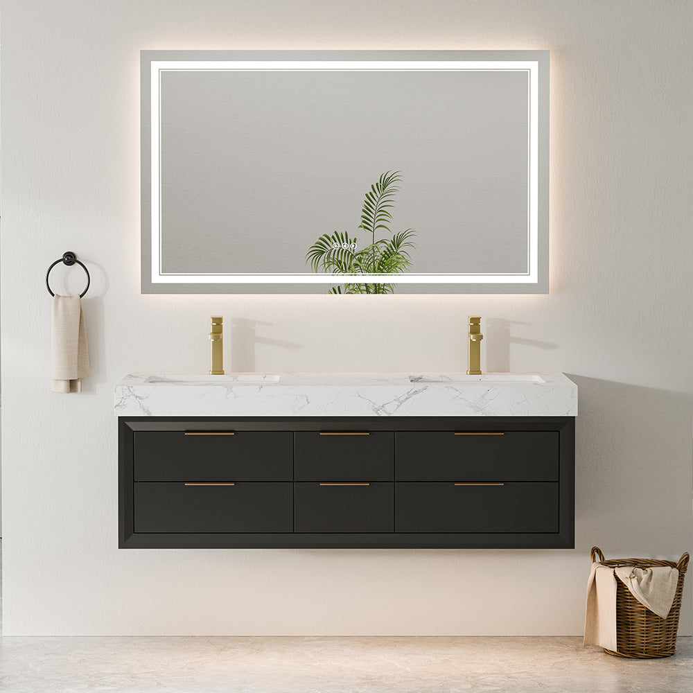 60 Inch Double Sink Solid Wood Floating Vanity with Ceramic Basin