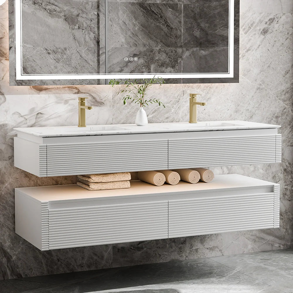 60 Inch Floating Bathroom Vanity with LED Lights & Double Sinks