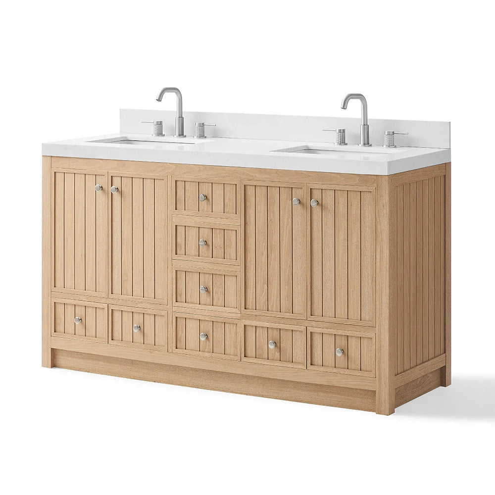 60 Inch Natural oak Veneer Double Sink Bathroom Vanity with Quartz Countertop