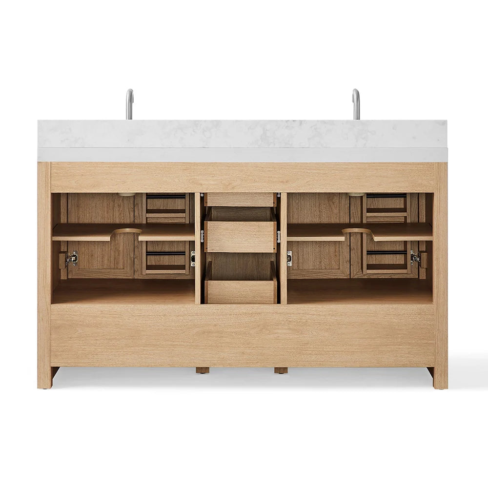 60 Inch Natural oak Veneer Double Sink Bathroom Vanity with Quartz Countertop