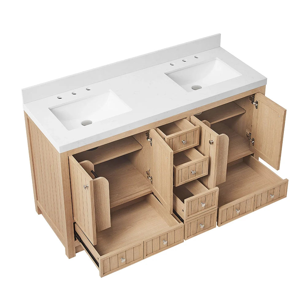60 Inch Natural oak Veneer Double Sink Bathroom Vanity with Quartz Countertop