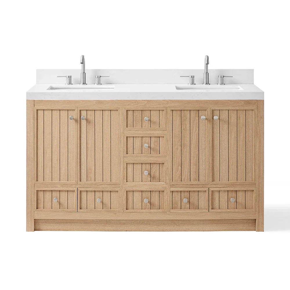 60 Inch Natural oak Veneer Double Sink Bathroom Vanity with Quartz Countertop