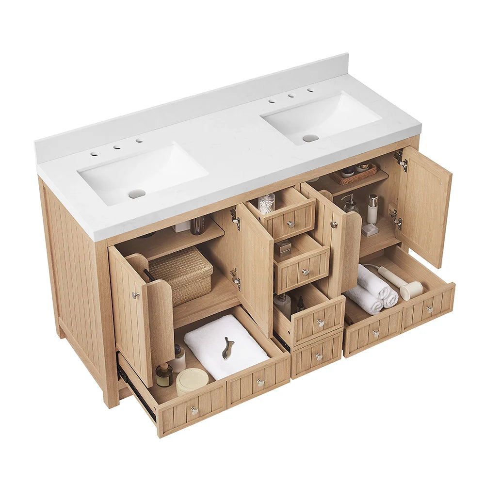 60 Inch Natural oak Veneer Double Sink Bathroom Vanity with Quartz Countertop