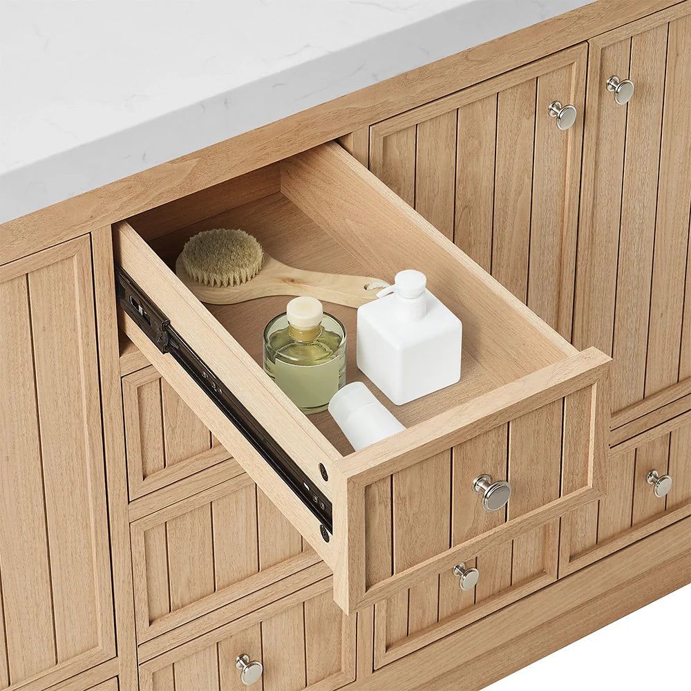 60 Inch Natural oak Veneer Double Sink Bathroom Vanity with Quartz Countertop