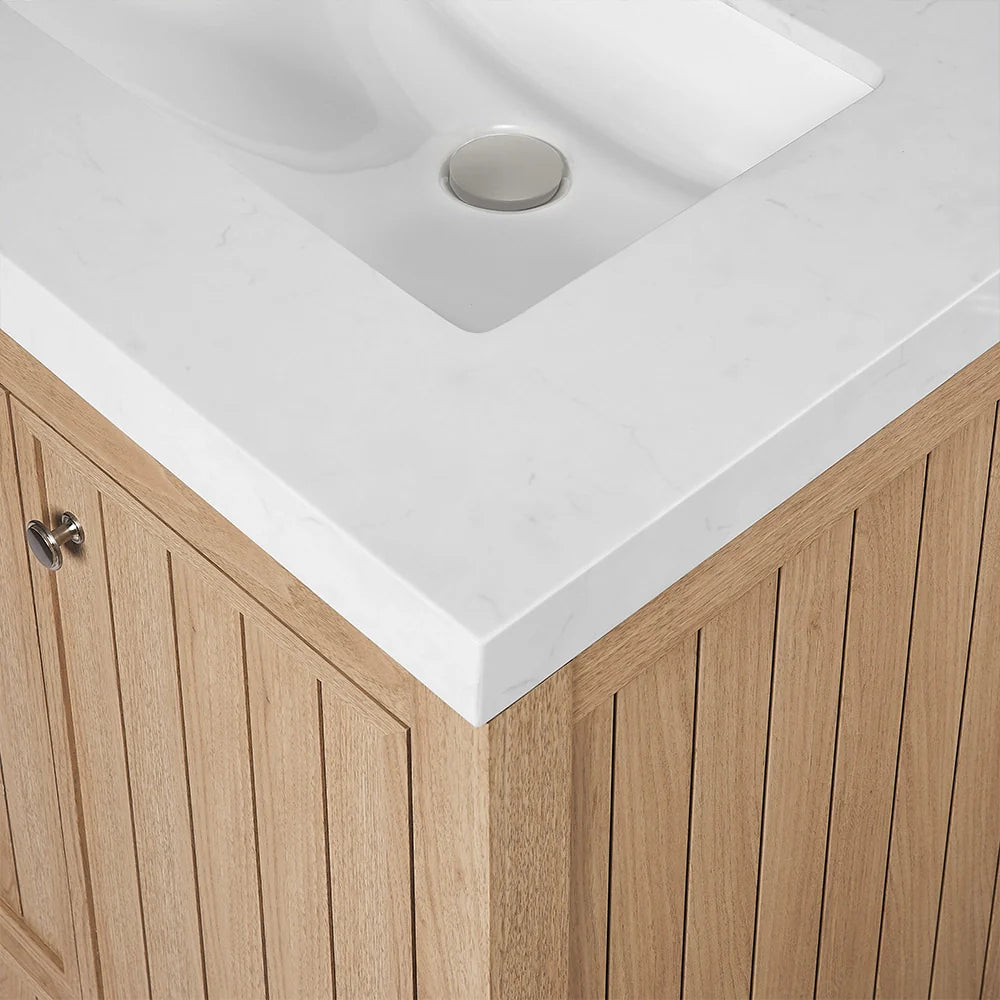 60 Inch Natural oak Veneer Double Sink Bathroom Vanity with Quartz Countertop