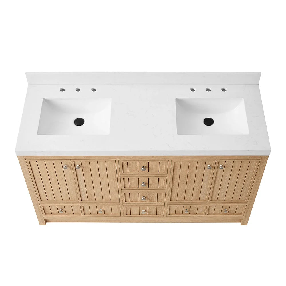 60 Inch Natural oak Veneer Double Sink Bathroom Vanity with Quartz Countertop