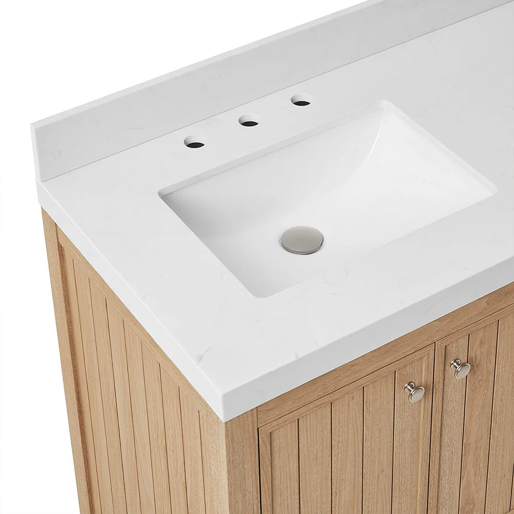 60 Inch Natural oak Veneer Double Sink Bathroom Vanity with Quartz Countertop