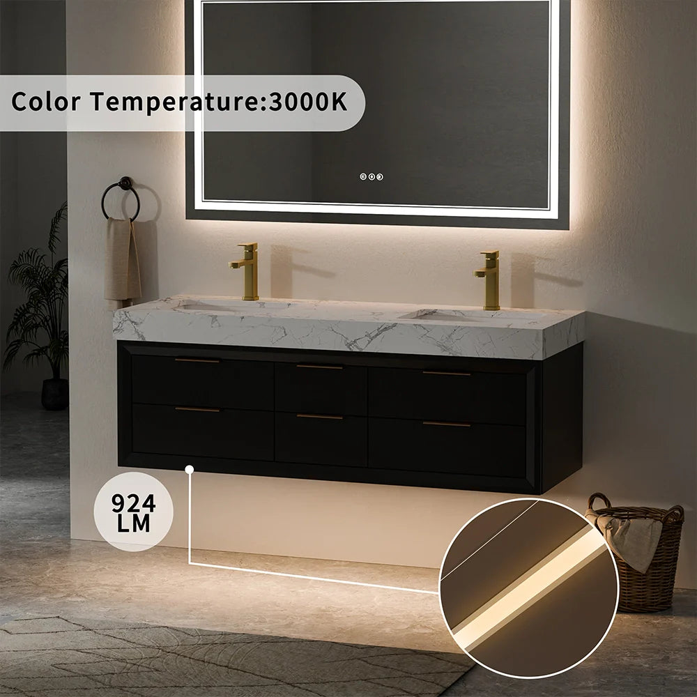 60 Inch Double Sink Solid Wood Floating Vanity with Ceramic Basin