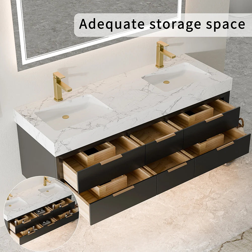 60 Inch Double Sink Solid Wood Floating Vanity with Ceramic Basin