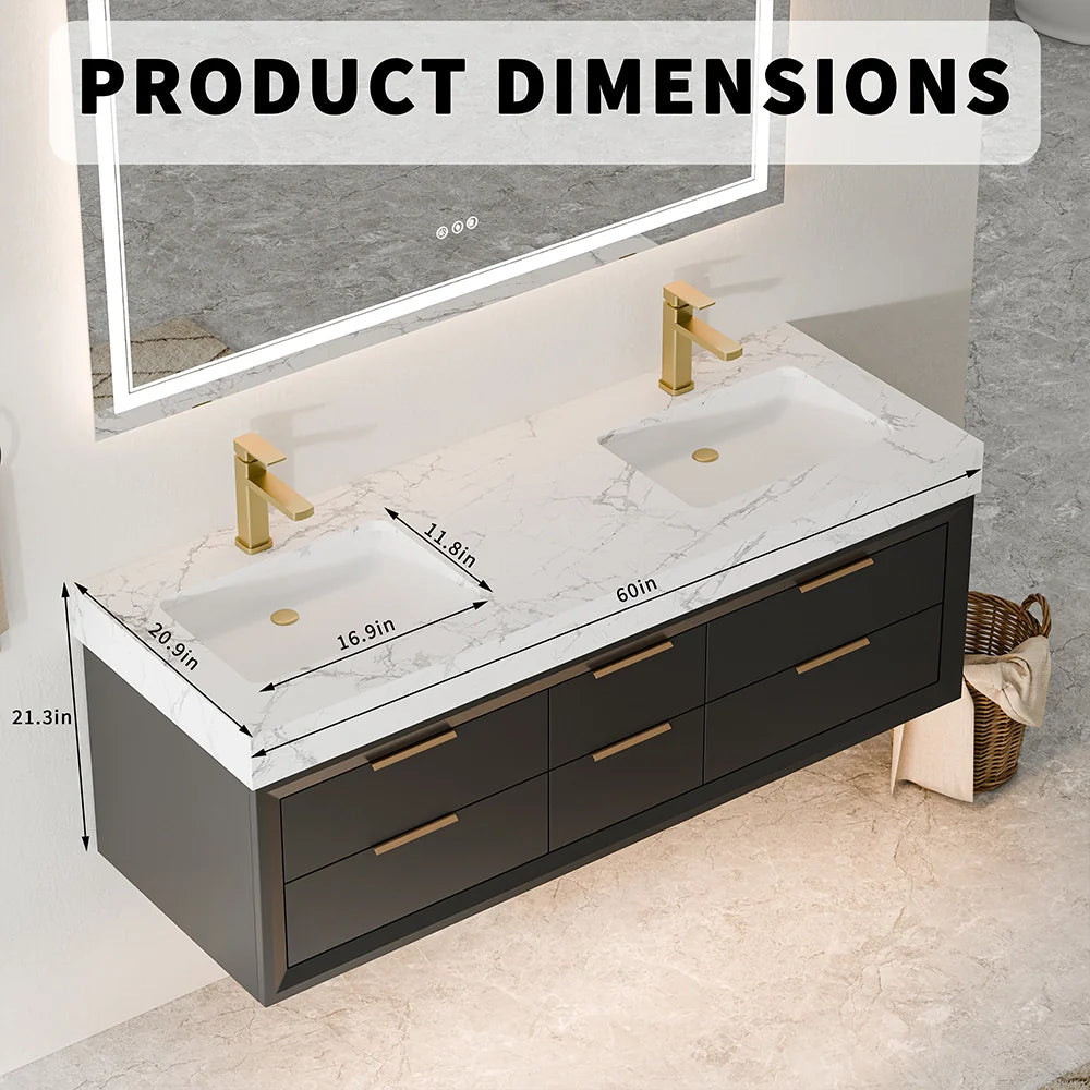 60 Inch Double Sink Solid Wood Floating Vanity with Ceramic Basin