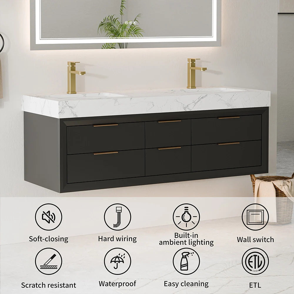 60 Inch Double Sink Solid Wood Floating Vanity with Ceramic Basin