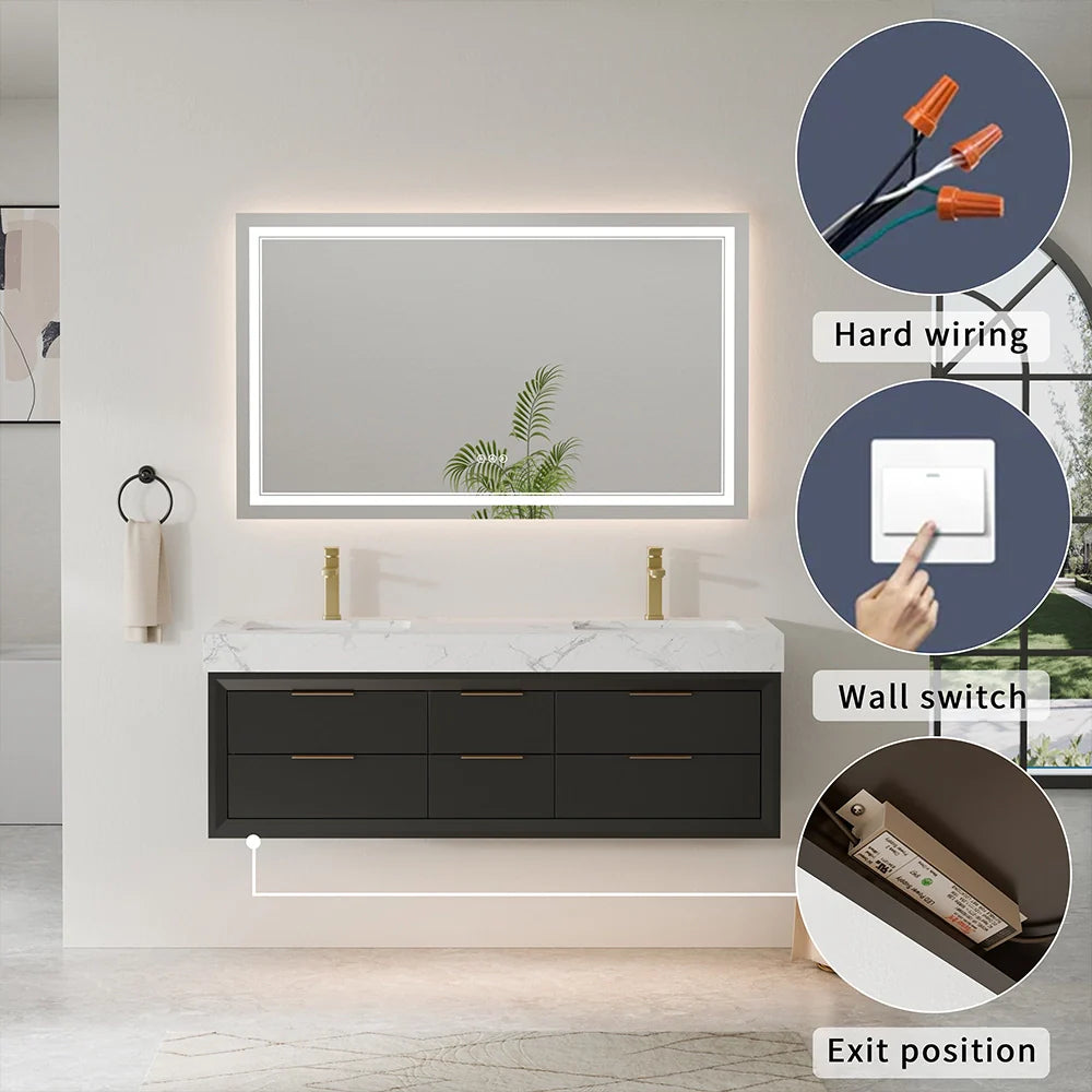 60 Inch Double Sink Solid Wood Floating Vanity with Ceramic Basin