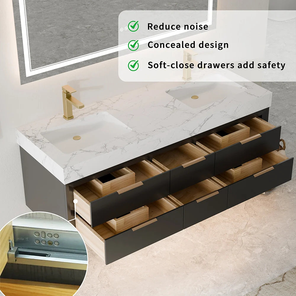 60 Inch Double Sink Solid Wood Floating Vanity with Ceramic Basin