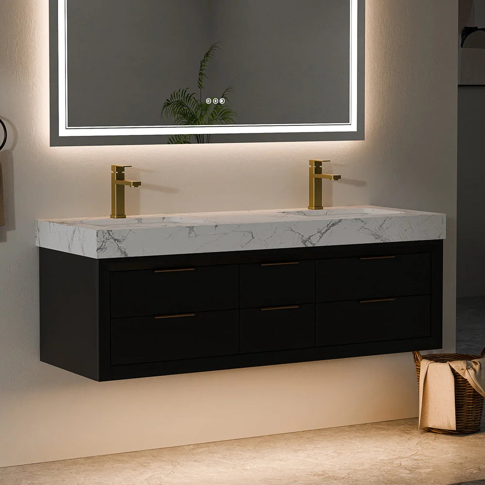 60 Inch Double Sink Solid Wood Floating Vanity with Ceramic Basin