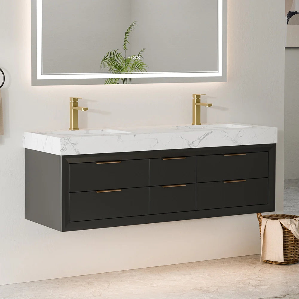 60 Inch Double Sink Solid Wood Floating Vanity with Ceramic Basin