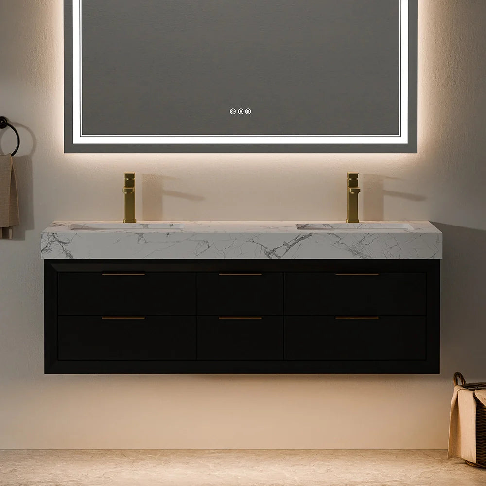 60 Inch Double Sink Solid Wood Floating Vanity with Ceramic Basin