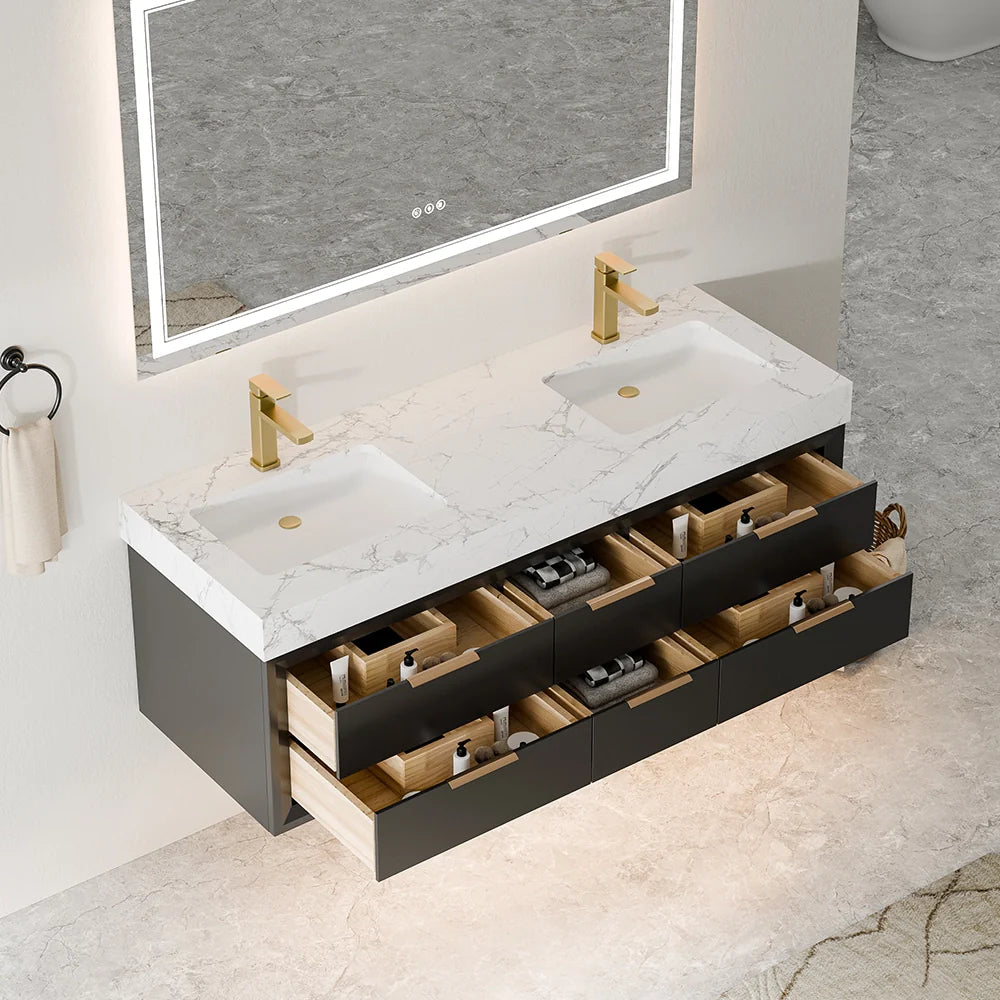 60 Inch Double Sink Solid Wood Floating Vanity with Ceramic Basin