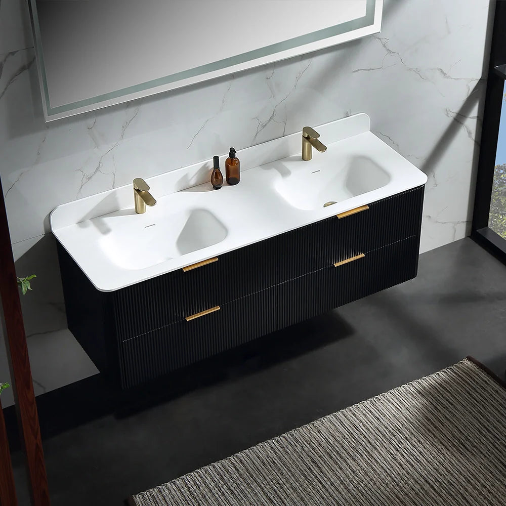 60 Inch Oak Bathroom Floating Vanity with Acrylic Double Sink