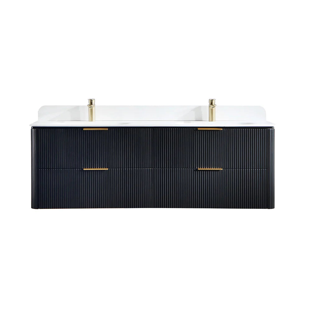 60 Inch Oak Bathroom Floating Vanity with Acrylic Double Sink