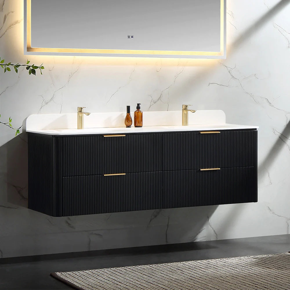 60 Inch Oak Bathroom Floating Vanity with Acrylic Double Sink