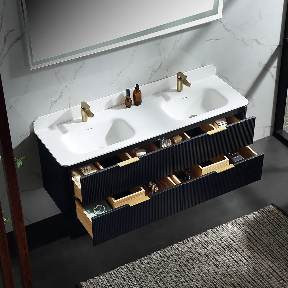 60 Inch Oak Bathroom Floating Vanity with Acrylic Double Sink