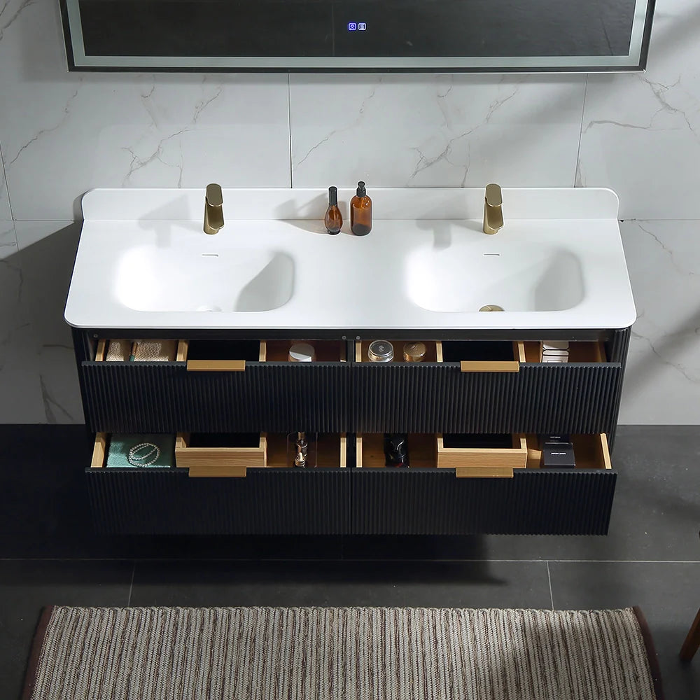 60 Inch Oak Bathroom Floating Vanity with Acrylic Double Sink