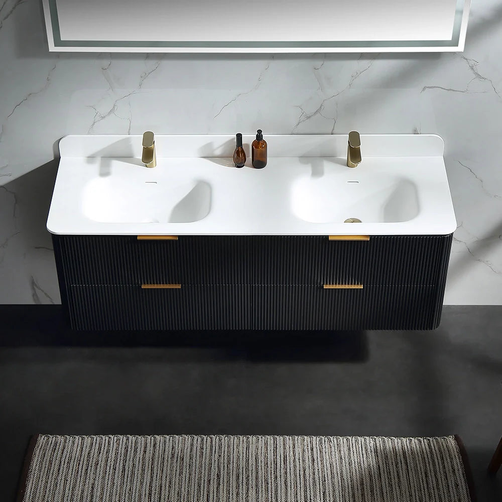 60 Inch Oak Bathroom Floating Vanity with Acrylic Double Sink