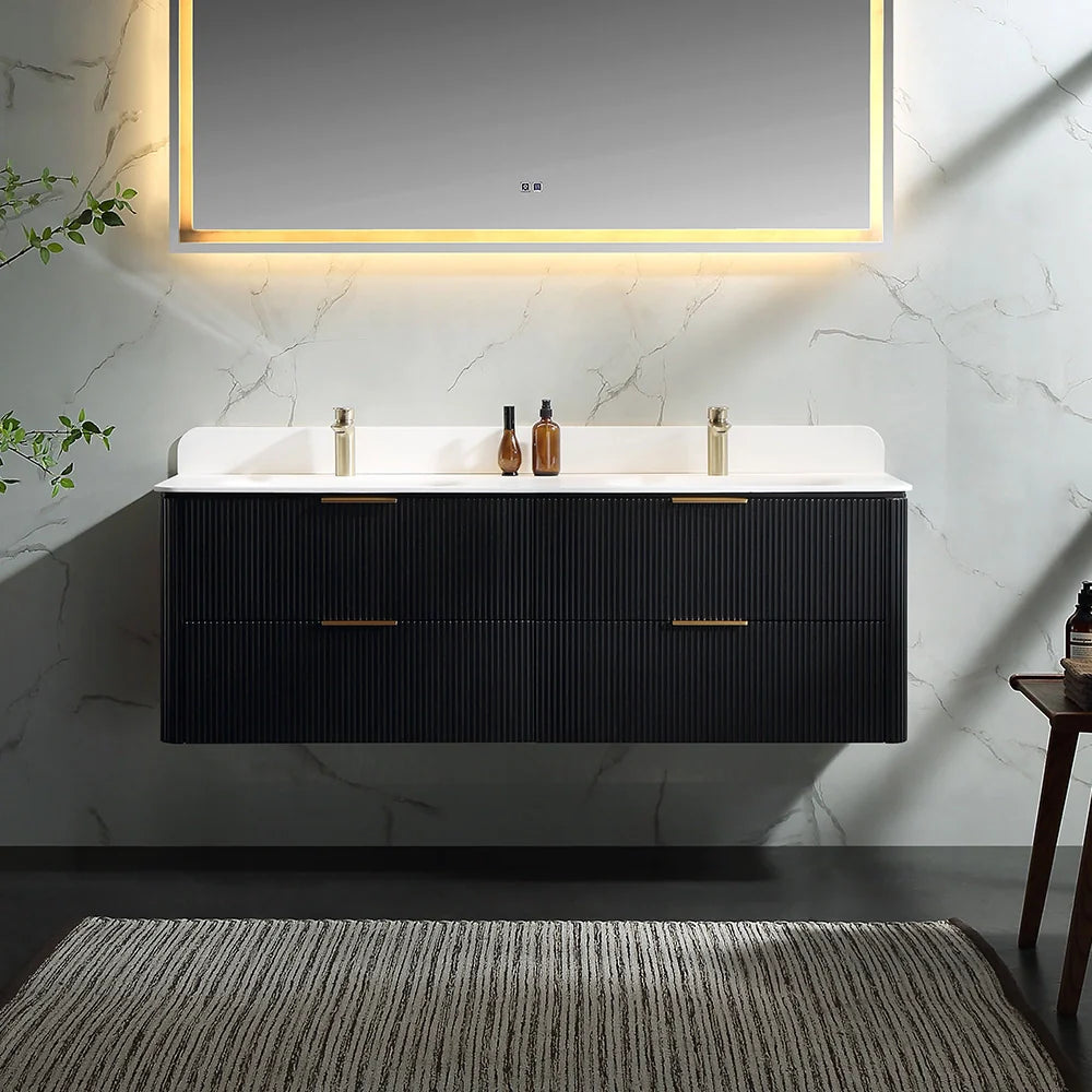 60 Inch Oak Bathroom Floating Vanity with Acrylic Double Sink