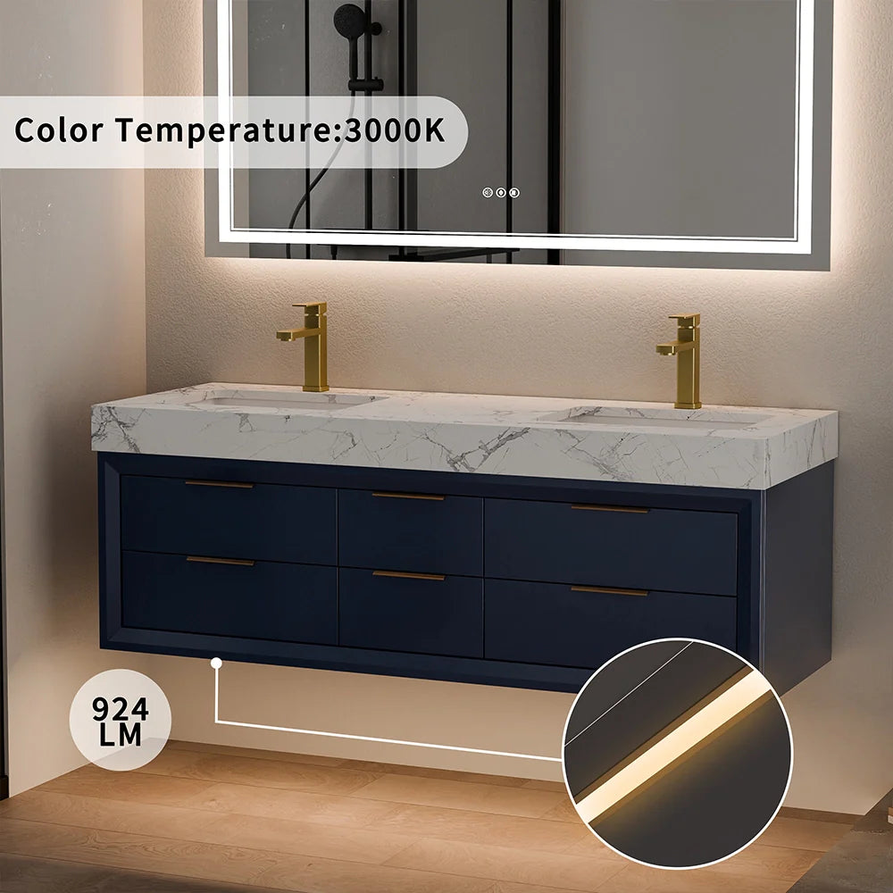 60 Inch Double Sink Solid Wood Floating Vanity with Ceramic Basin