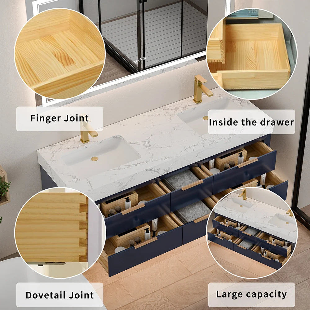 60 Inch Double Sink Solid Wood Floating Vanity with Ceramic Basin