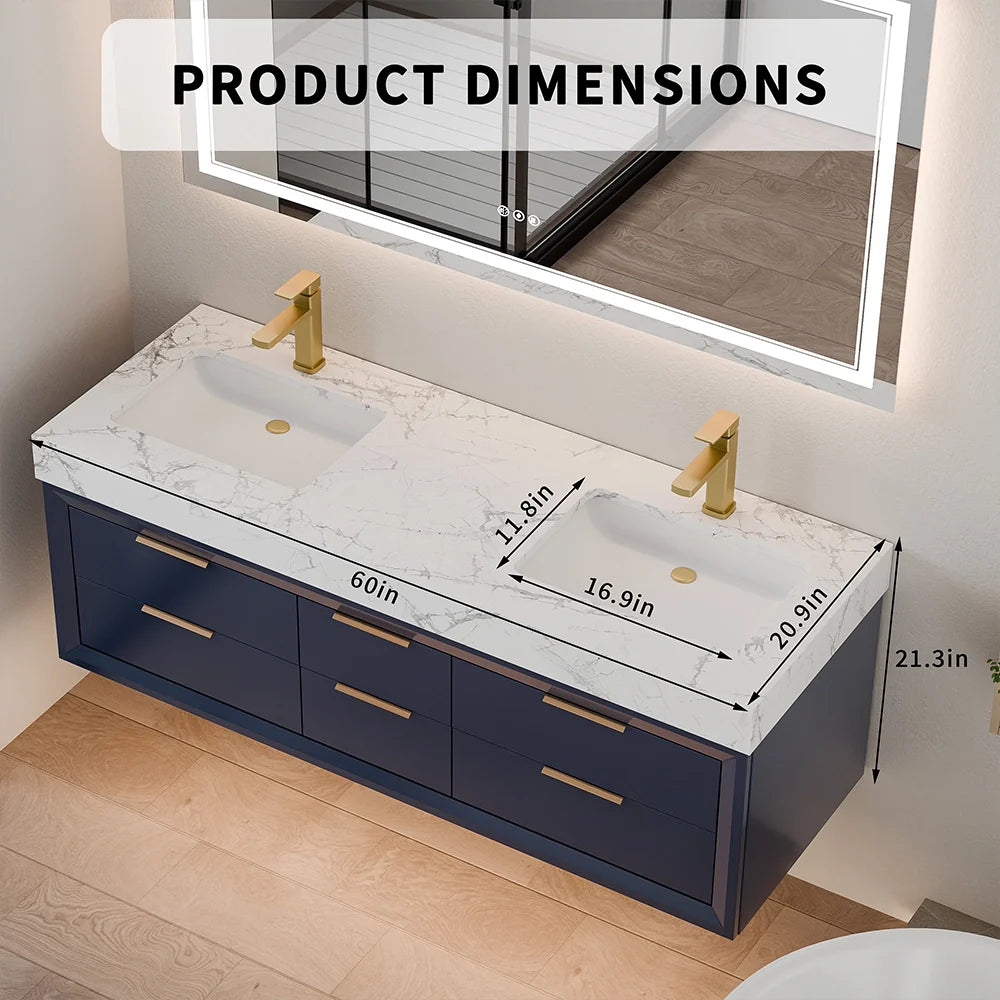 60 Inch Double Sink Solid Wood Floating Vanity with Ceramic Basin