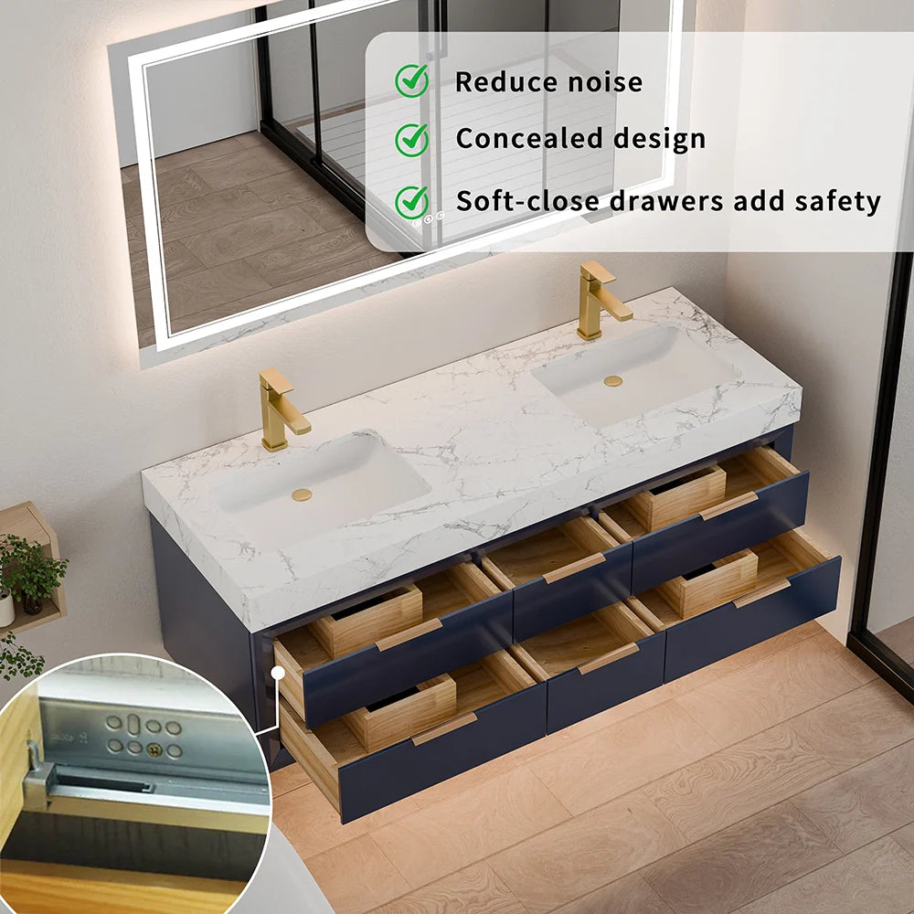 60 Inch Double Sink Solid Wood Floating Vanity with Ceramic Basin