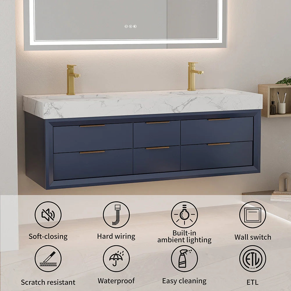 60 Inch Double Sink Solid Wood Floating Vanity with Ceramic Basin