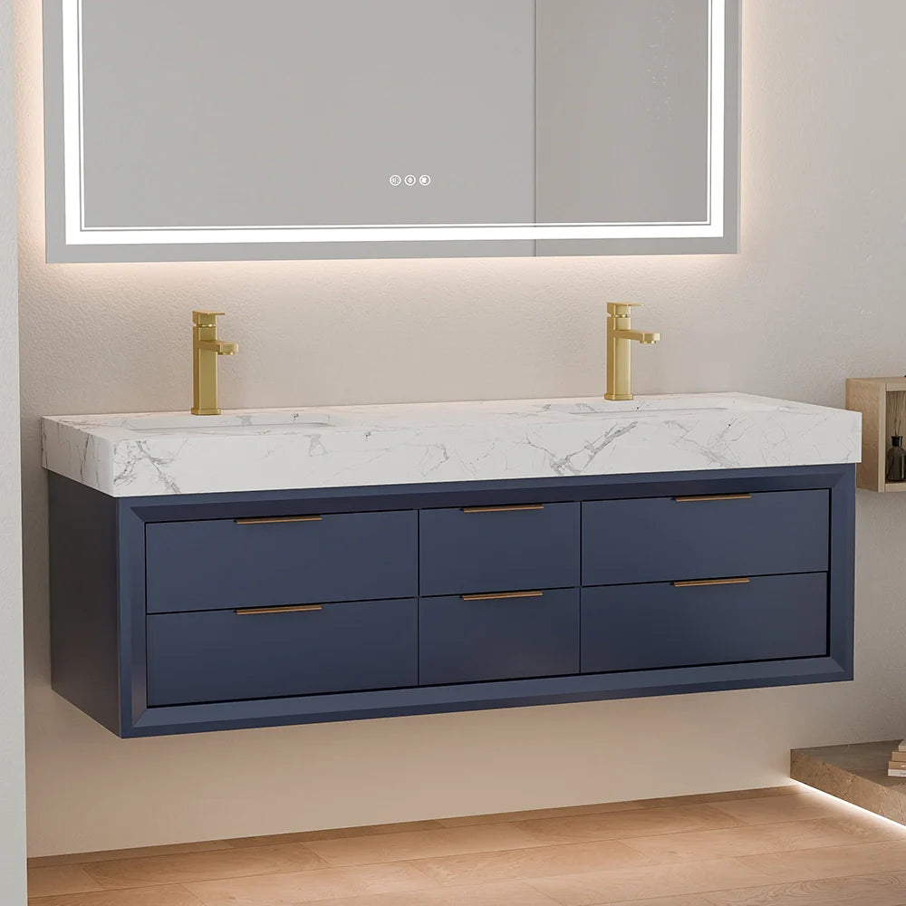 60 Inch Double Sink Solid Wood Floating Vanity with Ceramic Basin