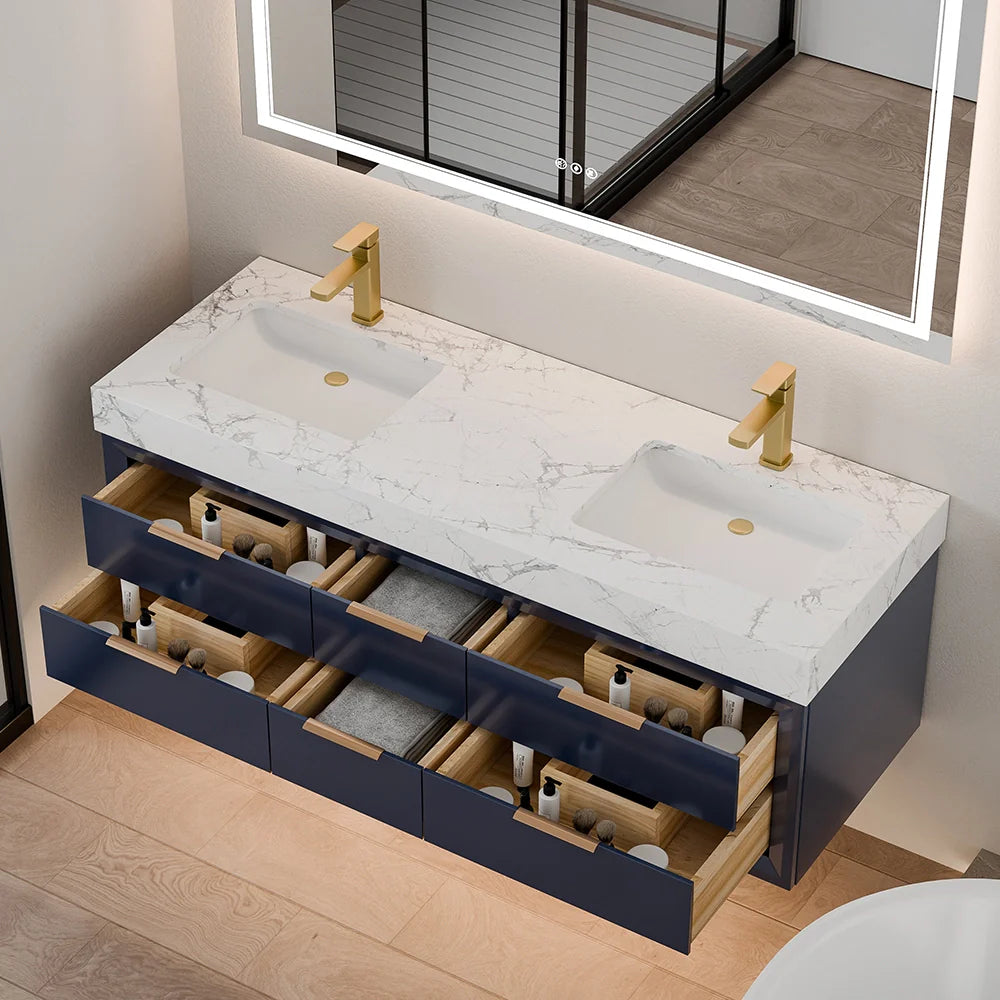 60 Inch Double Sink Solid Wood Floating Vanity with Ceramic Basin