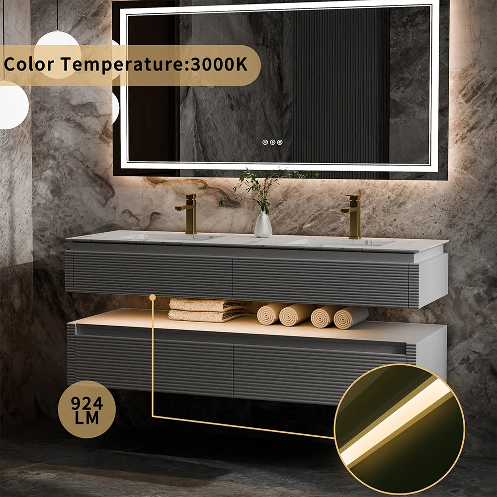 60 Inch Floating Bathroom Vanity with LED Lights & Double Sinks